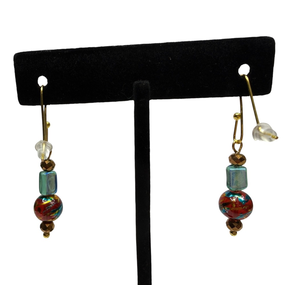 Artisan Lampwork Style Glass Dangle Earrings Gold Tone Beaded Dainty Jewelry 1in - Picture 4 of 6